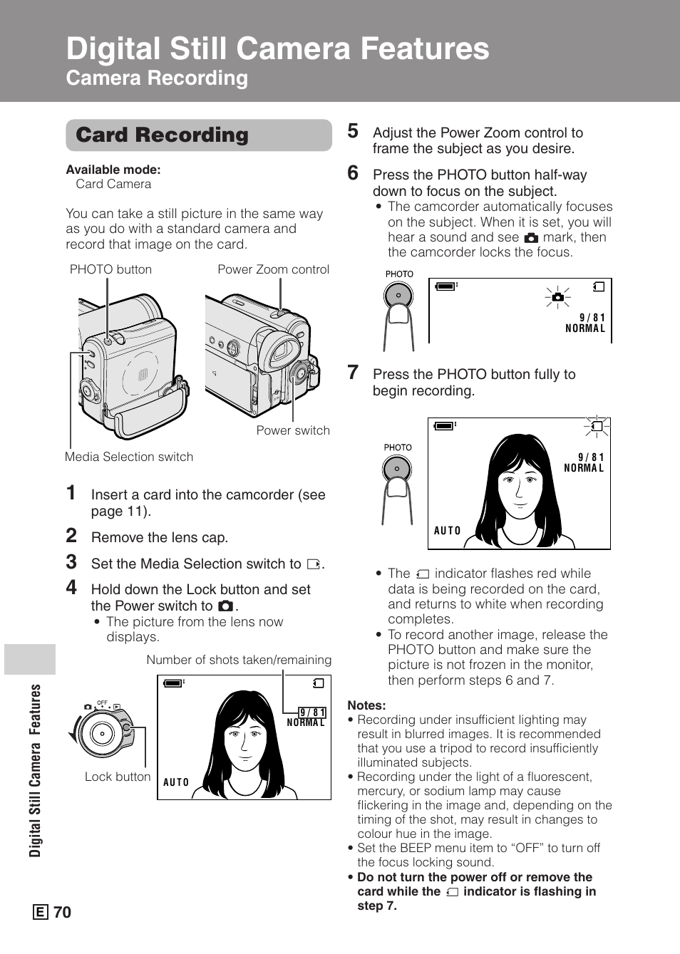 Digital still camera features, Camera recording card recording, Digital still camera features camera recording | Sharp VIEWCAMZ VL-Z5E User Manual | Page 80 / 117