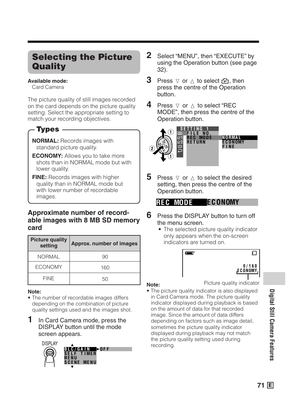Selecting the picture quality, Types, Re c mode e c onomy | Sharp VIEWCAMZ VL-Z5E User Manual | Page 81 / 117