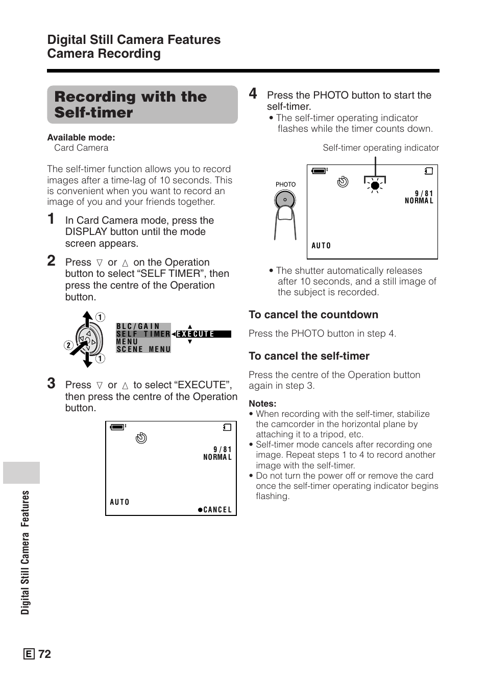 Recording with the self-timer, Digital still camera features camera recording | Sharp VIEWCAMZ VL-Z5E User Manual | Page 82 / 117