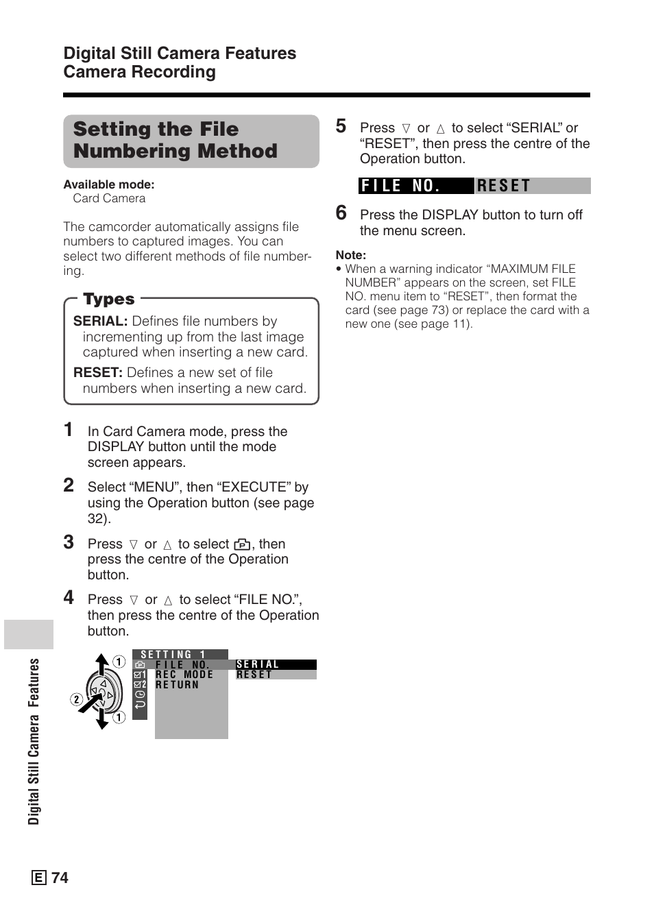 Setting the file numbering method, Digital still camera features camera recording | Sharp VIEWCAMZ VL-Z5E User Manual | Page 84 / 117