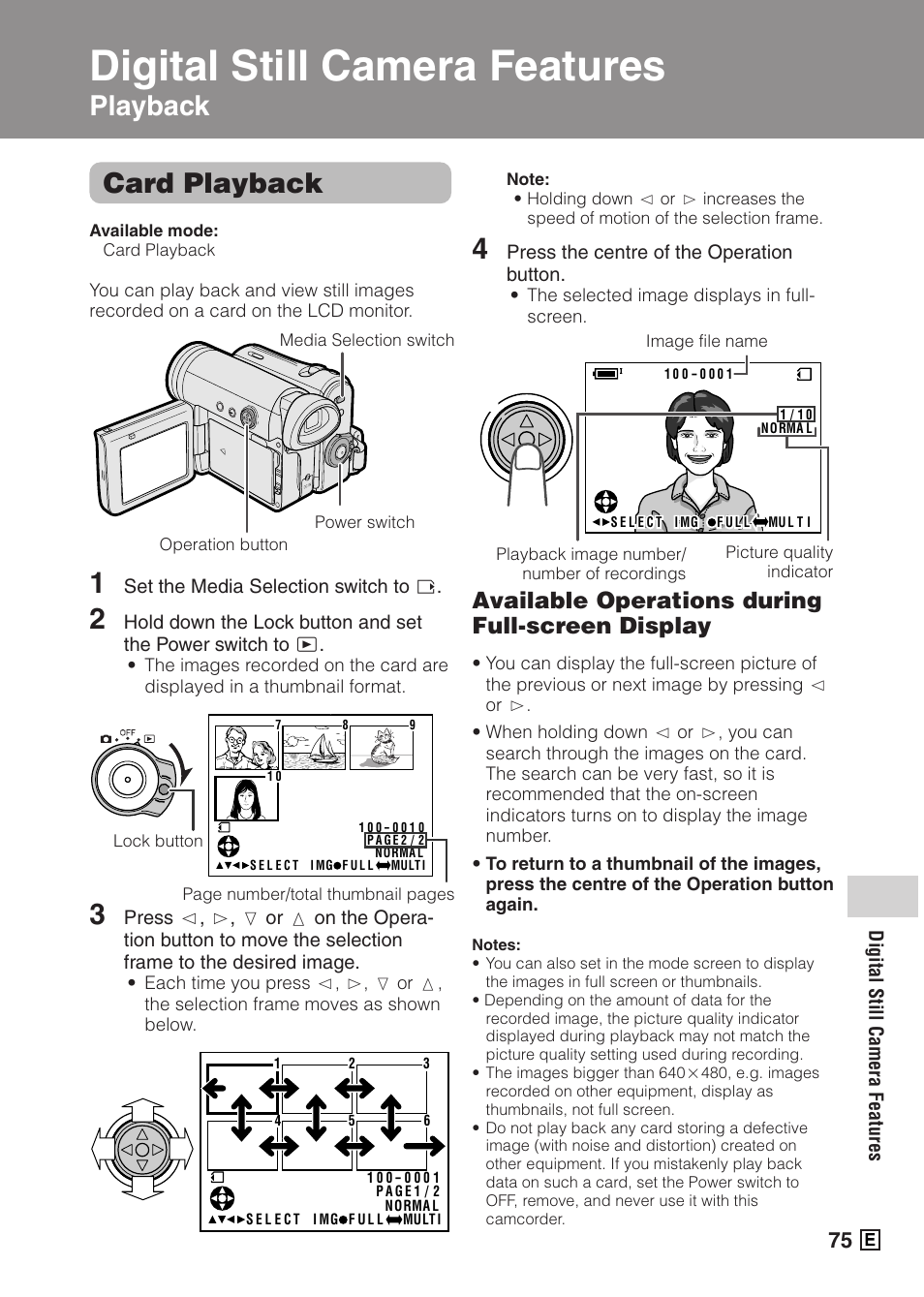 Playback card playback, Available operations during full-screen display, Digital still camera features | Set the media selection switch to u, Press the centre of the operation button | Sharp VIEWCAMZ VL-Z5E User Manual | Page 85 / 117