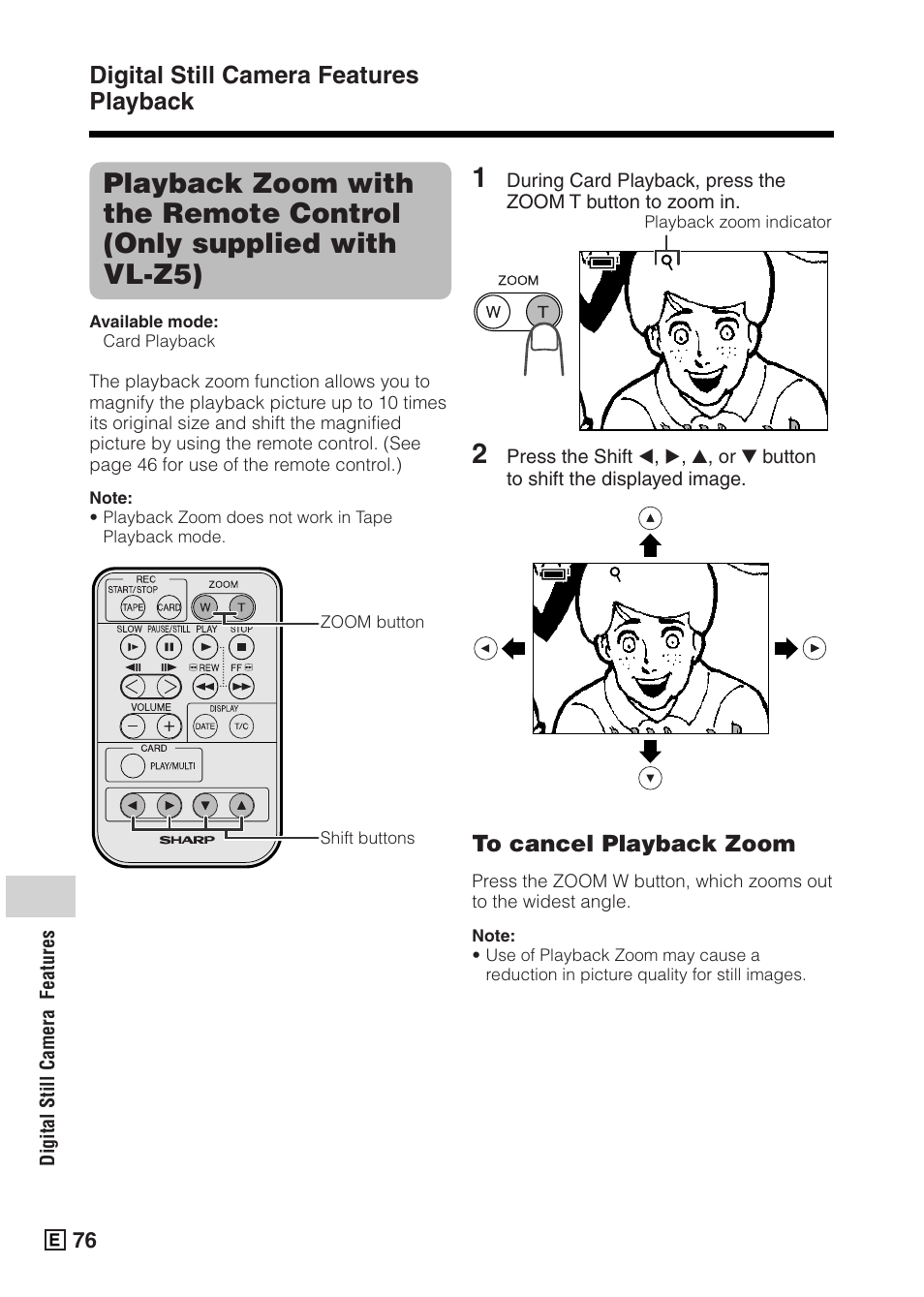 Digital still camera features playback | Sharp VIEWCAMZ VL-Z5E User Manual | Page 86 / 117