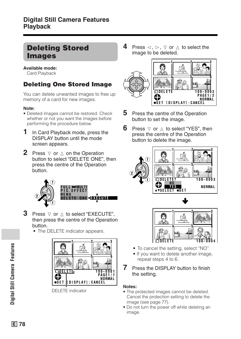 Deleting stored images, Digital still camera features playback, Deleting one stored image | Sharp VIEWCAMZ VL-Z5E User Manual | Page 88 / 117