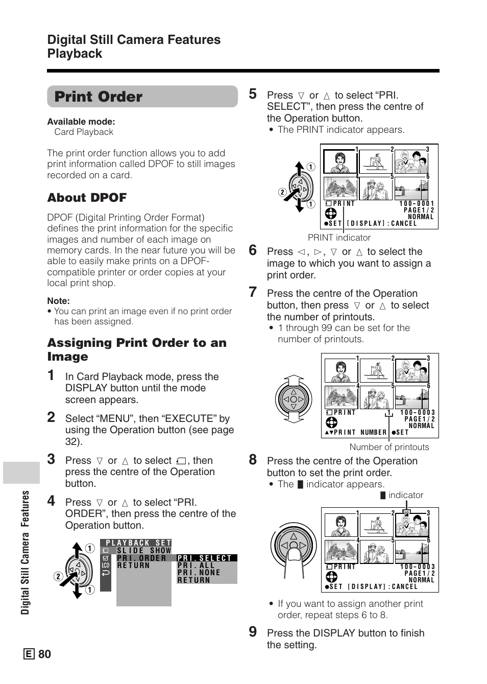 Print order, Digital still camera features playback, About dpof | Assigning print order to an image, Digital still camera features, Press the display button to finish the setting | Sharp VIEWCAMZ VL-Z5E User Manual | Page 90 / 117