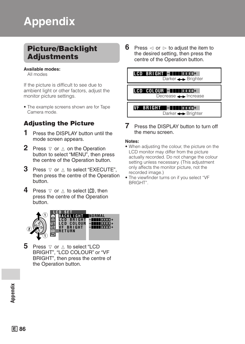 Picture/backlight adjustments, Appendix | Sharp VIEWCAMZ VL-Z5E User Manual | Page 96 / 117