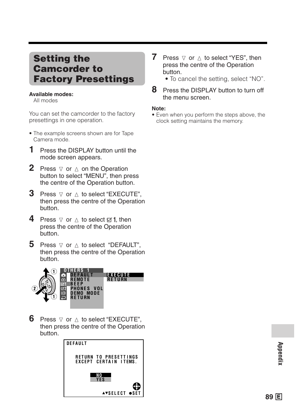 Setting the camcorder to factory presettings | Sharp VIEWCAMZ VL-Z5E User Manual | Page 99 / 117