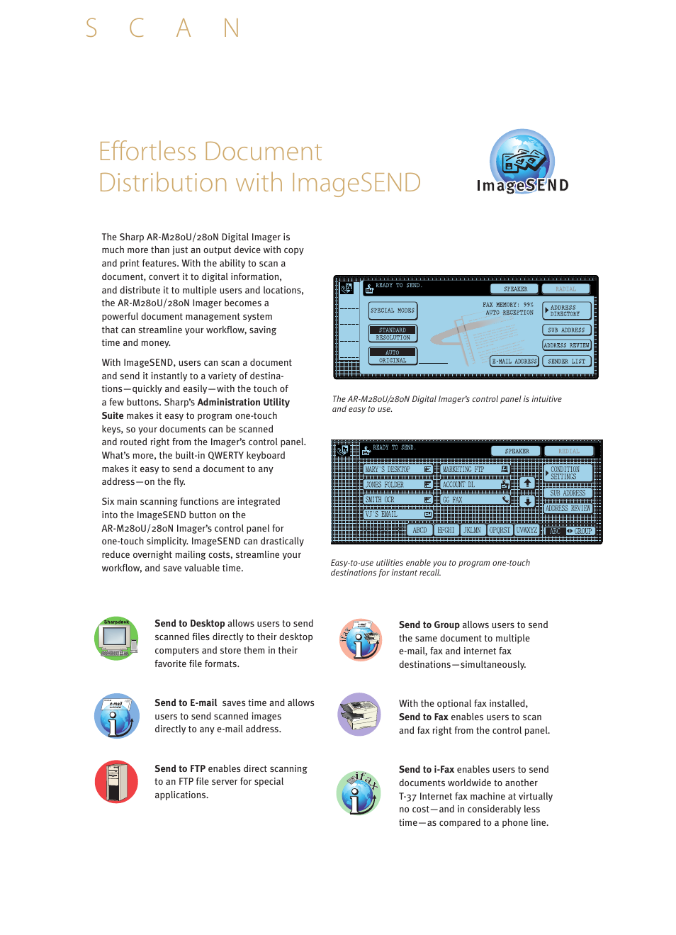 Sc a n, Effortless document distribution with imagesend | Sharp AR-M280N User Manual | Page 7 / 11