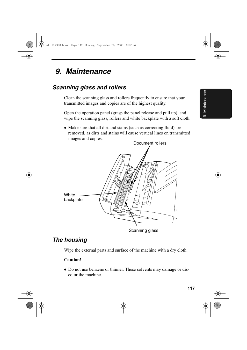Maintenance, Scanning glass and rollers, The housing | Sharp FO-2950M User Manual | Page 119 / 152