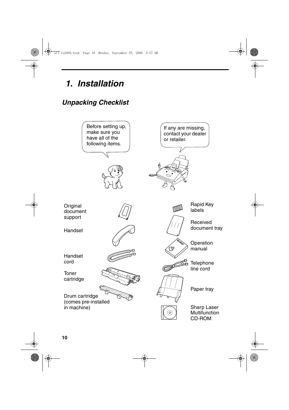 Installation, Unpacking checklist | Sharp FO-2950M User Manual | Page 12 / 152