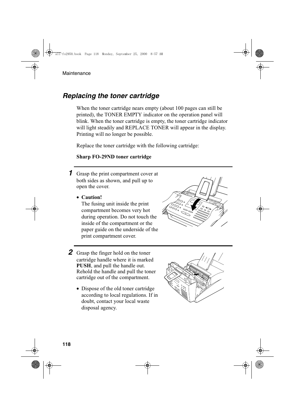 Replacing the toner cartridge | Sharp FO-2950M User Manual | Page 120 / 152