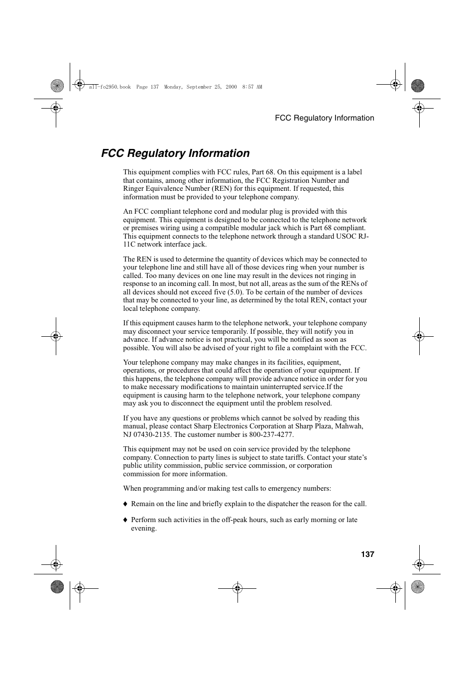 Fcc regulatory information | Sharp FO-2950M User Manual | Page 139 / 152