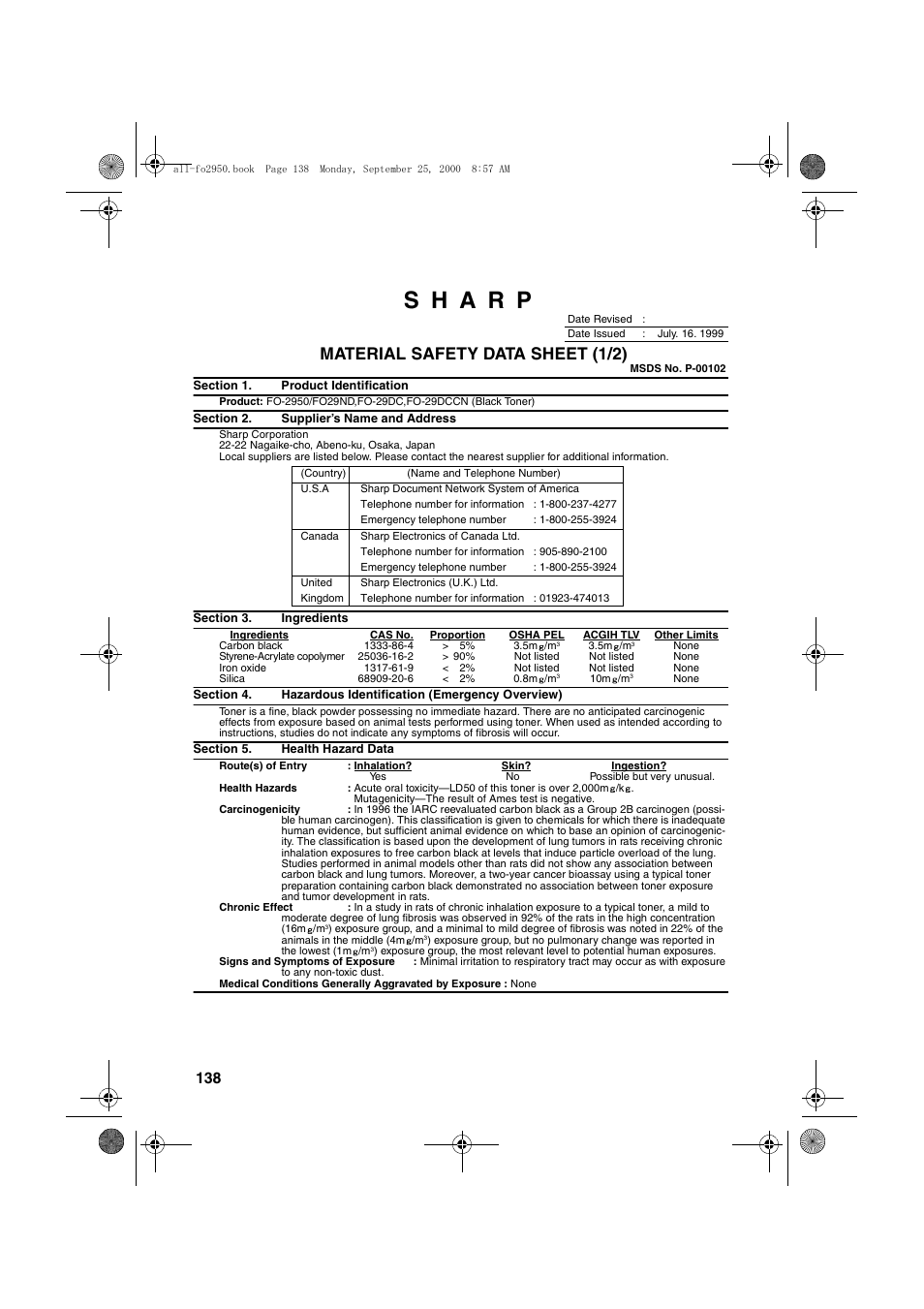 Material safety data sheet (1/2) | Sharp FO-2950M User Manual | Page 140 / 152