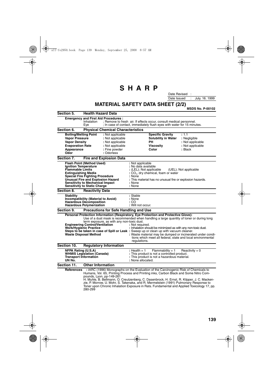 Material safety data sheet (2/2) | Sharp FO-2950M User Manual | Page 141 / 152