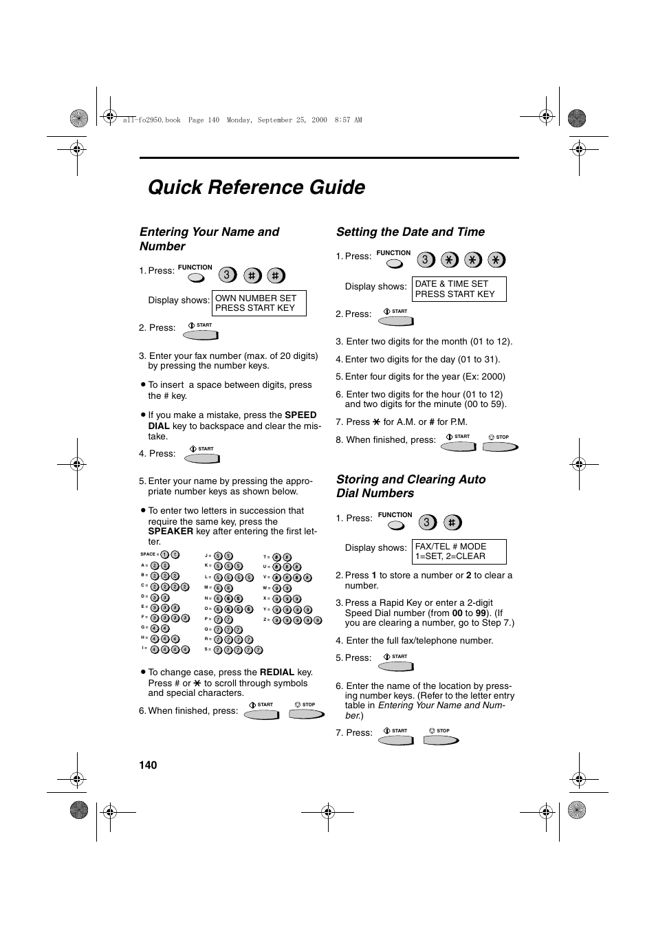 Quick reference guide, Entering your name and number, Setting the date and time | Storing and clearing auto dial numbers | Sharp FO-2950M User Manual | Page 142 / 152