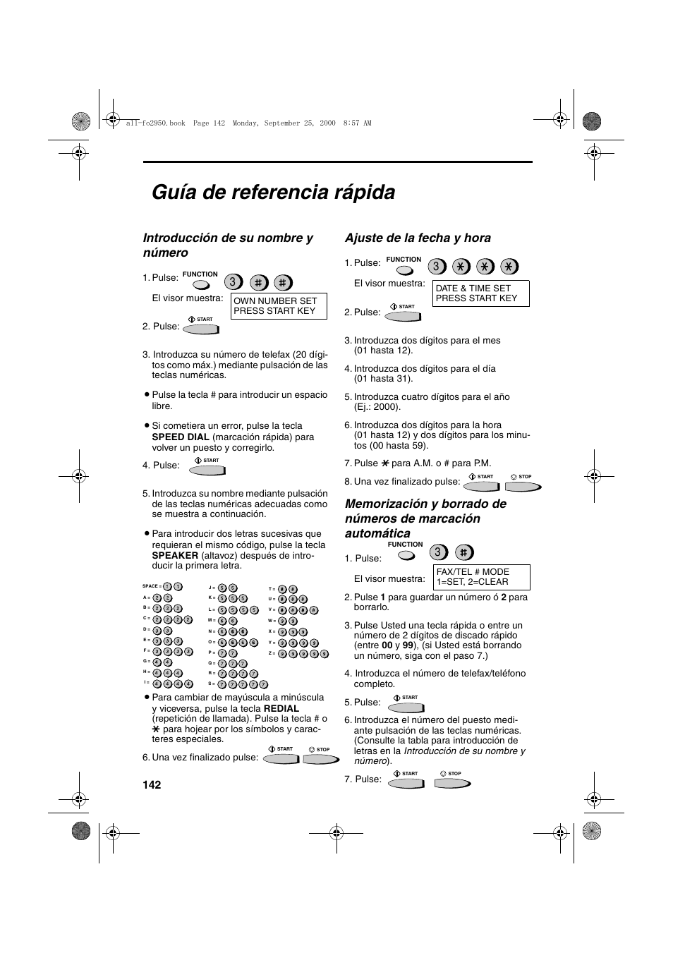 Guía de referencia rápida, Introducción de su nombre y número, Ajuste de la fecha y hora | Sharp FO-2950M User Manual | Page 144 / 152