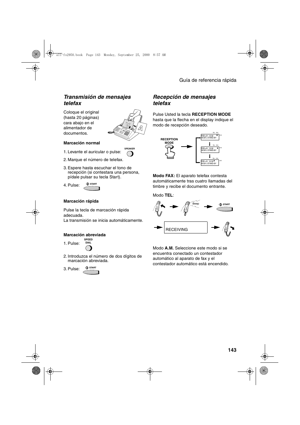 Transmisión de mensajes telefax, Recepción de mensajes telefax, Guía de referencia rápida 143 | Sharp FO-2950M User Manual | Page 145 / 152