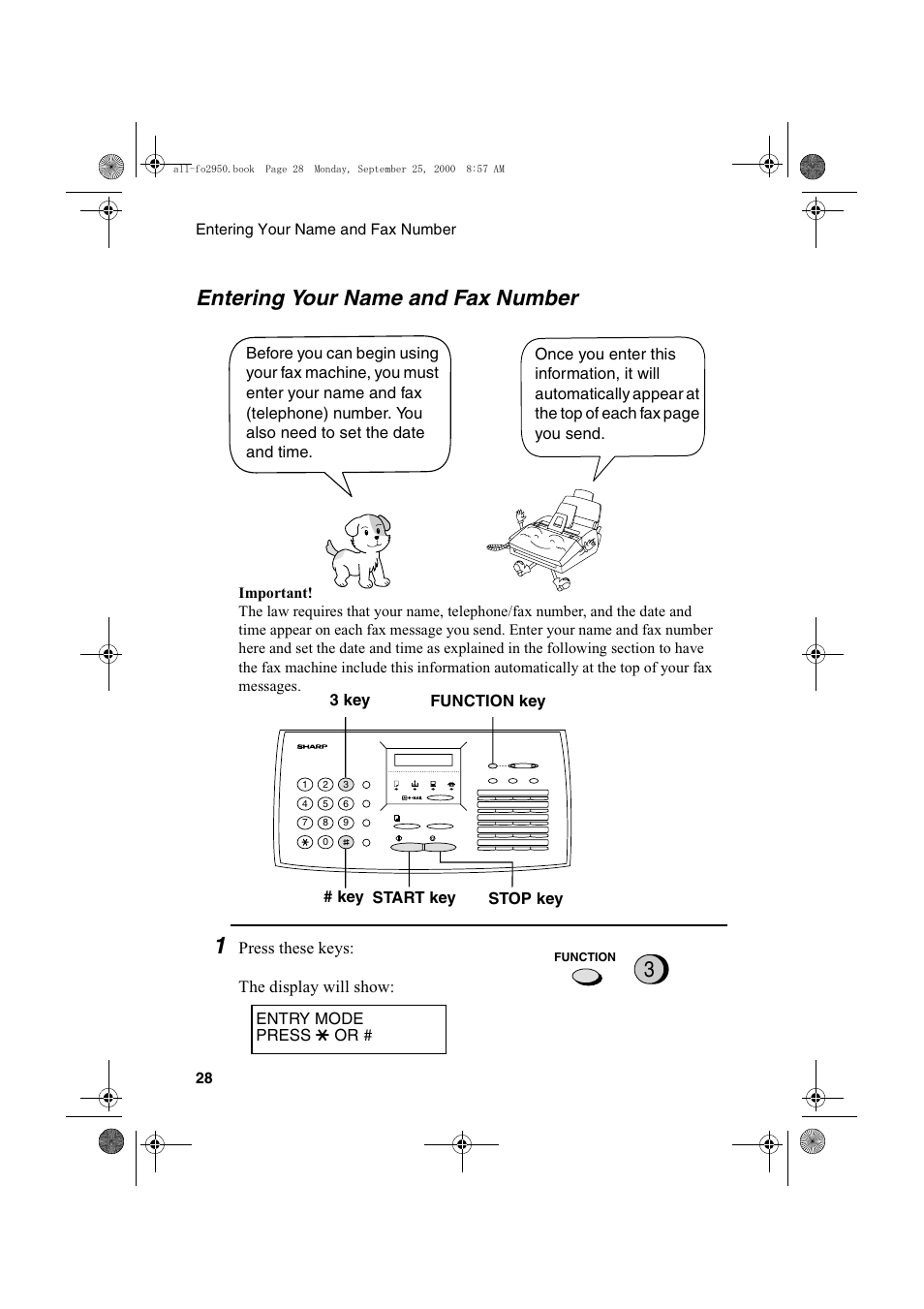 Entering your name and fax number | Sharp FO-2950M User Manual | Page 30 / 152