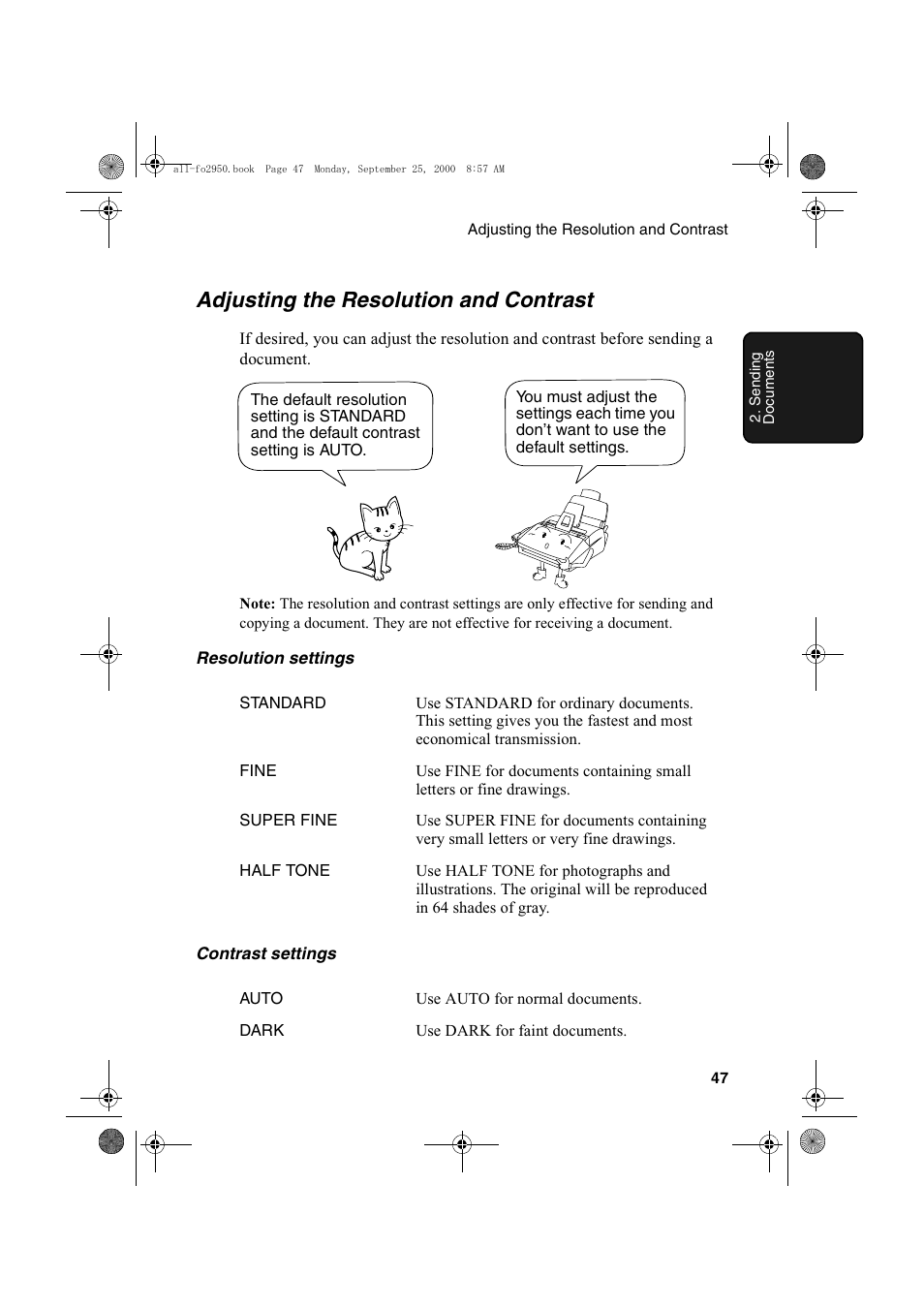 Adjusting the resolution and contrast | Sharp FO-2950M User Manual | Page 49 / 152