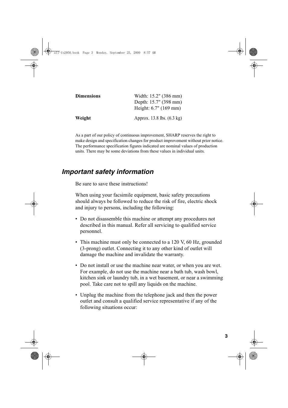 Important safety information | Sharp FO-2950M User Manual | Page 5 / 152