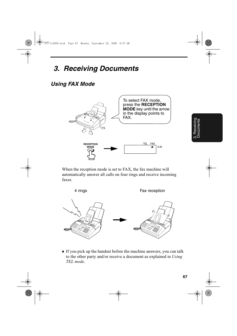 Receiving documents, Using fax mode | Sharp FO-2950M User Manual | Page 69 / 152