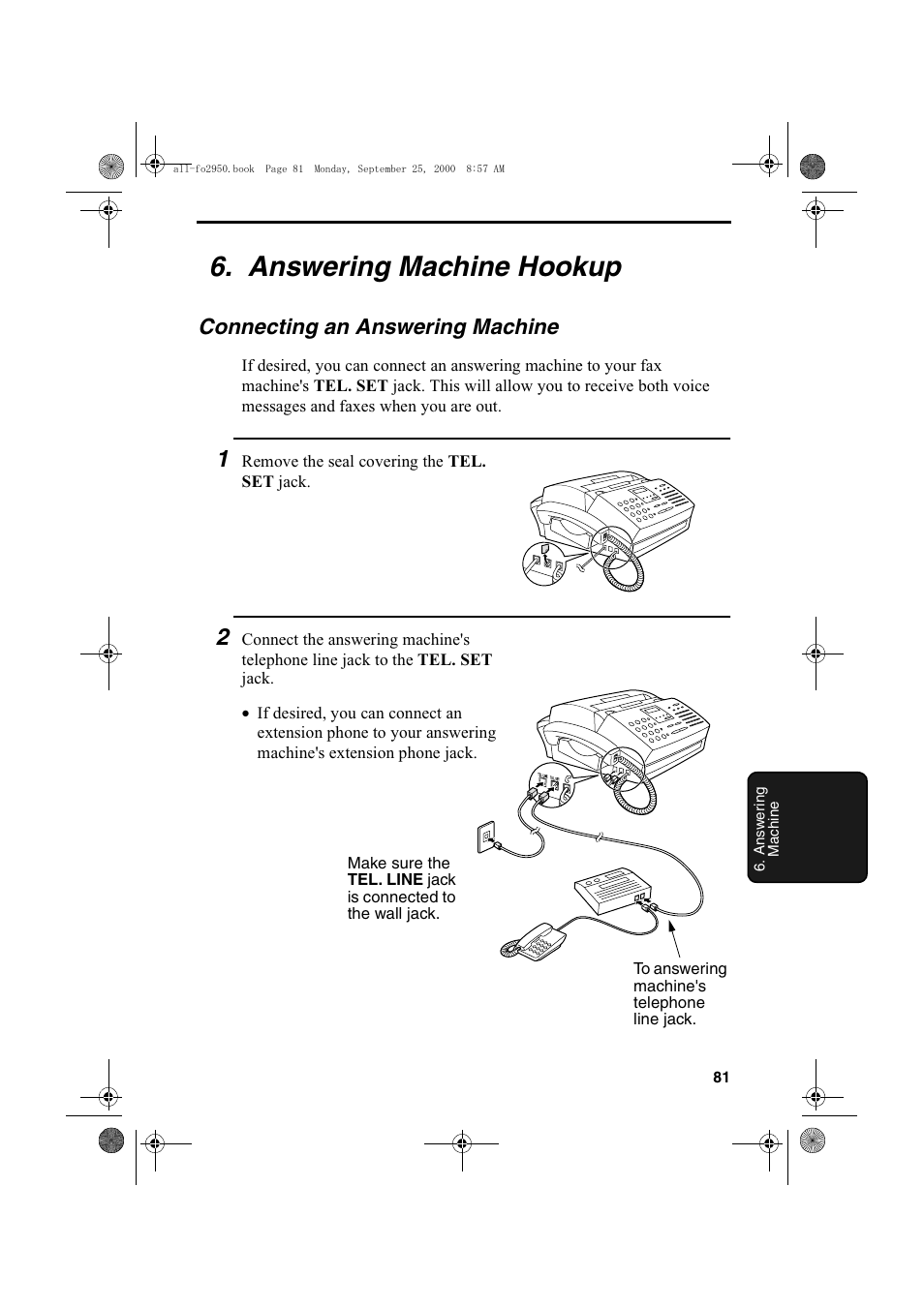 Answering machine hookup, Connecting an answering machine | Sharp FO-2950M User Manual | Page 83 / 152