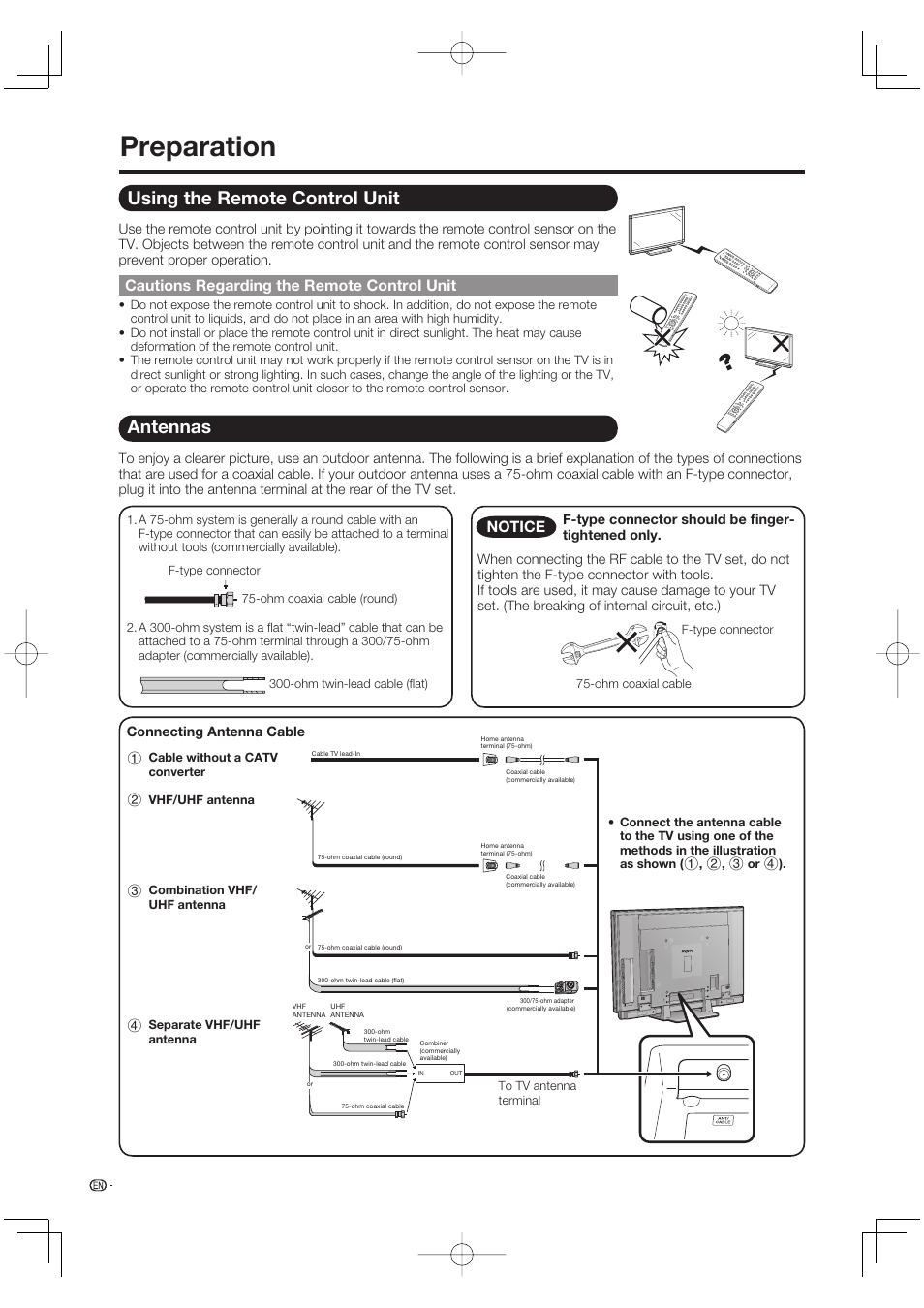 Preparation, Using the remote control unit, Cautions regarding the remote control unit | Antennas, Notice | Sharp Aquos LC 52SE94U User Manual | Page 14 / 59