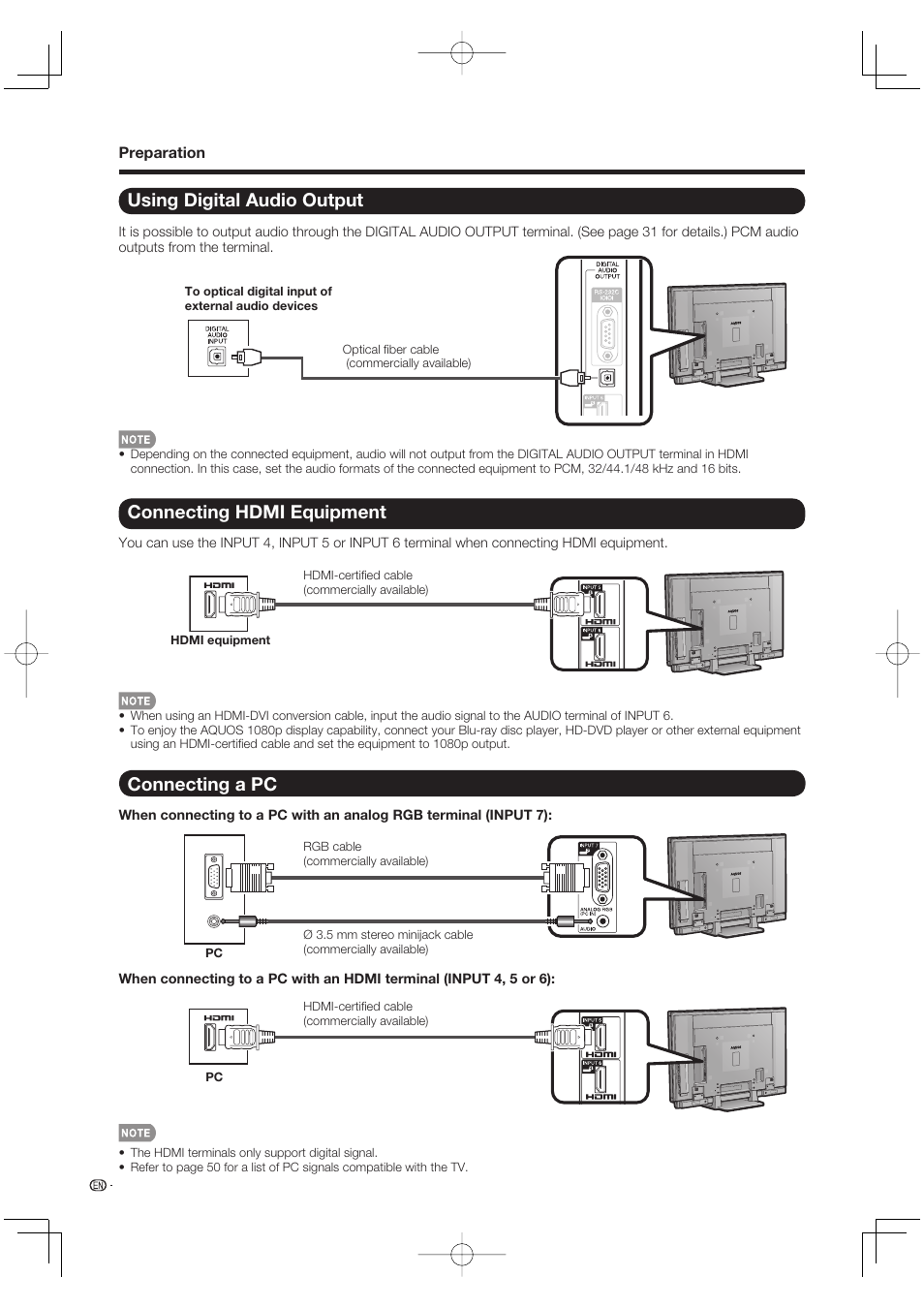 Using digital audio output, Connecting hdmi equipment, Connecting a pc | Sharp Aquos LC 52SE94U User Manual | Page 16 / 59