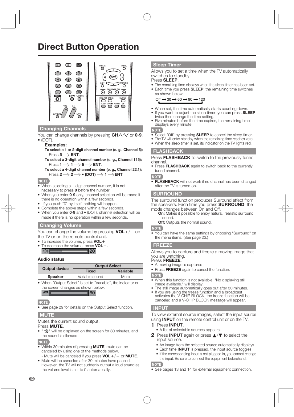 Direct button operation, Changing channels, Changing volume | Mute, Sleep timer, Flashback, Surround, Freeze, Input | Sharp Aquos LC 52SE94U User Manual | Page 18 / 59
