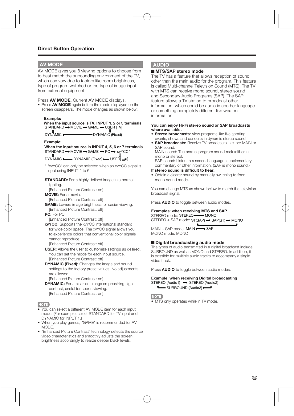 Av mode, Audio | Sharp Aquos LC 52SE94U User Manual | Page 19 / 59