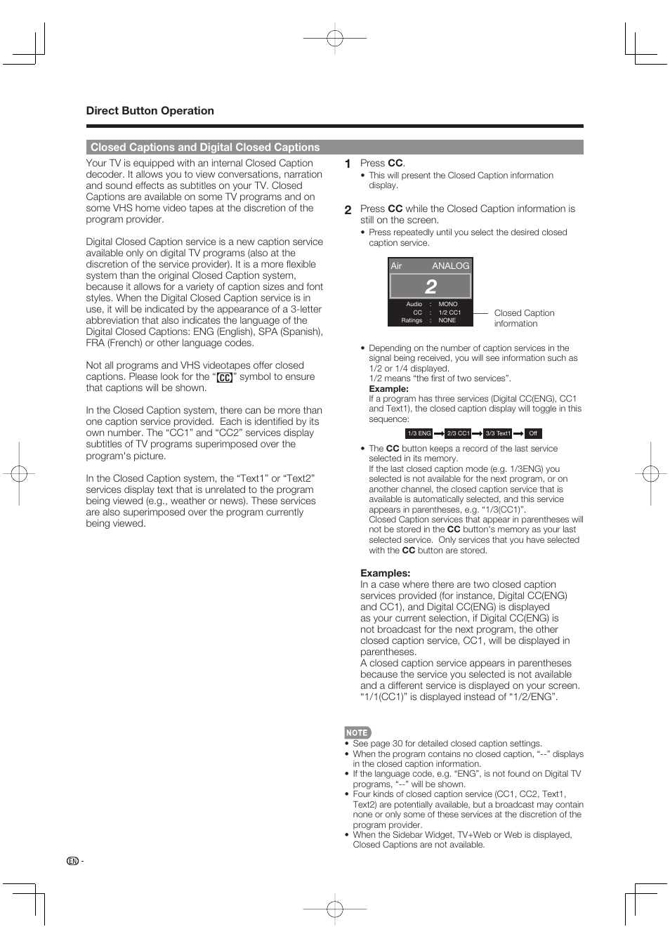 Closed captions and digital closed captions, Direct button operation | Sharp Aquos LC 52SE94U User Manual | Page 20 / 59
