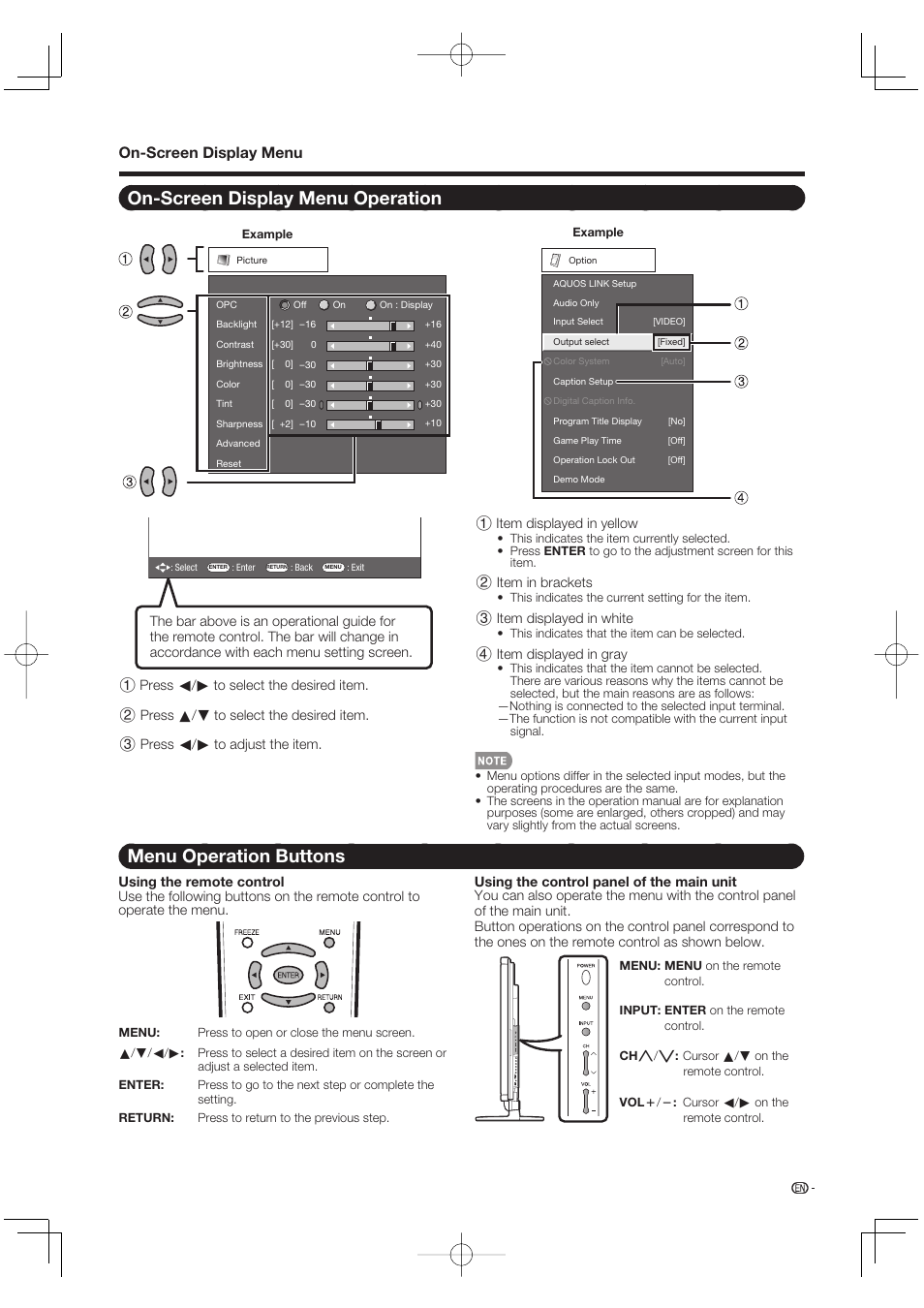 On-screen display menu operation, Menu operation buttons, On-screen display menu | Sharp Aquos LC 52SE94U User Manual | Page 23 / 59