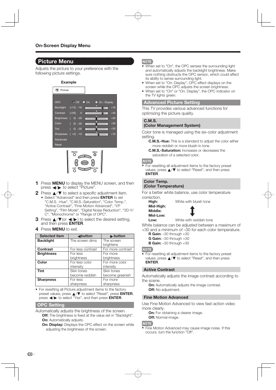 Picture menu, Opc setting, Advanced picture setting | On-screen display menu | Sharp Aquos LC 52SE94U User Manual | Page 24 / 59