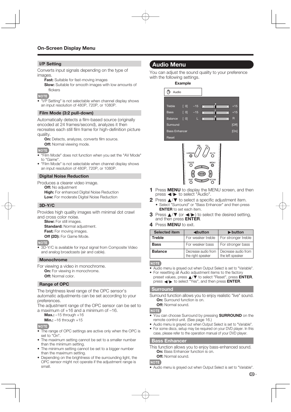 Audio menu, Surround, Bass enhancer | Sharp Aquos LC 52SE94U User Manual | Page 25 / 59