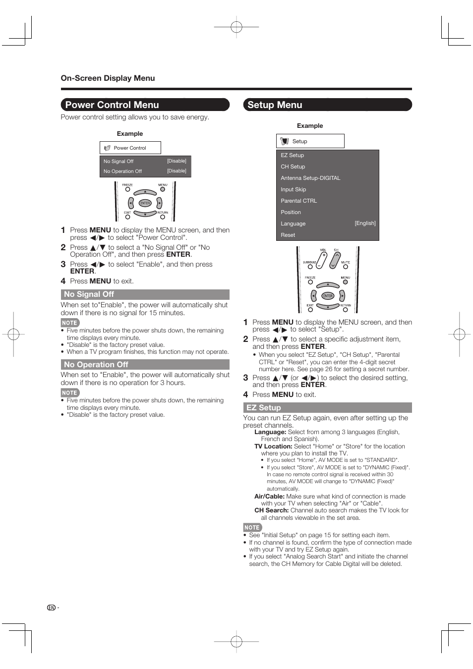 Power control menu, No signal off, No operation off | Setup menu, Ez setup | Sharp Aquos LC 52SE94U User Manual | Page 26 / 59