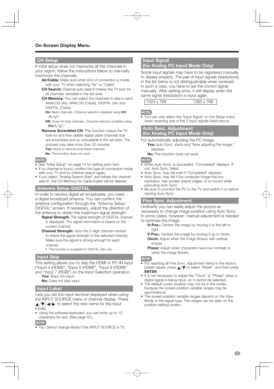 Ch setup, Antenna setup-digital, Input skip | Input label, Input signal (for analog pc input mode only), Fine sync. adjustment | Sharp Aquos LC 52SE94U User Manual | Page 27 / 59