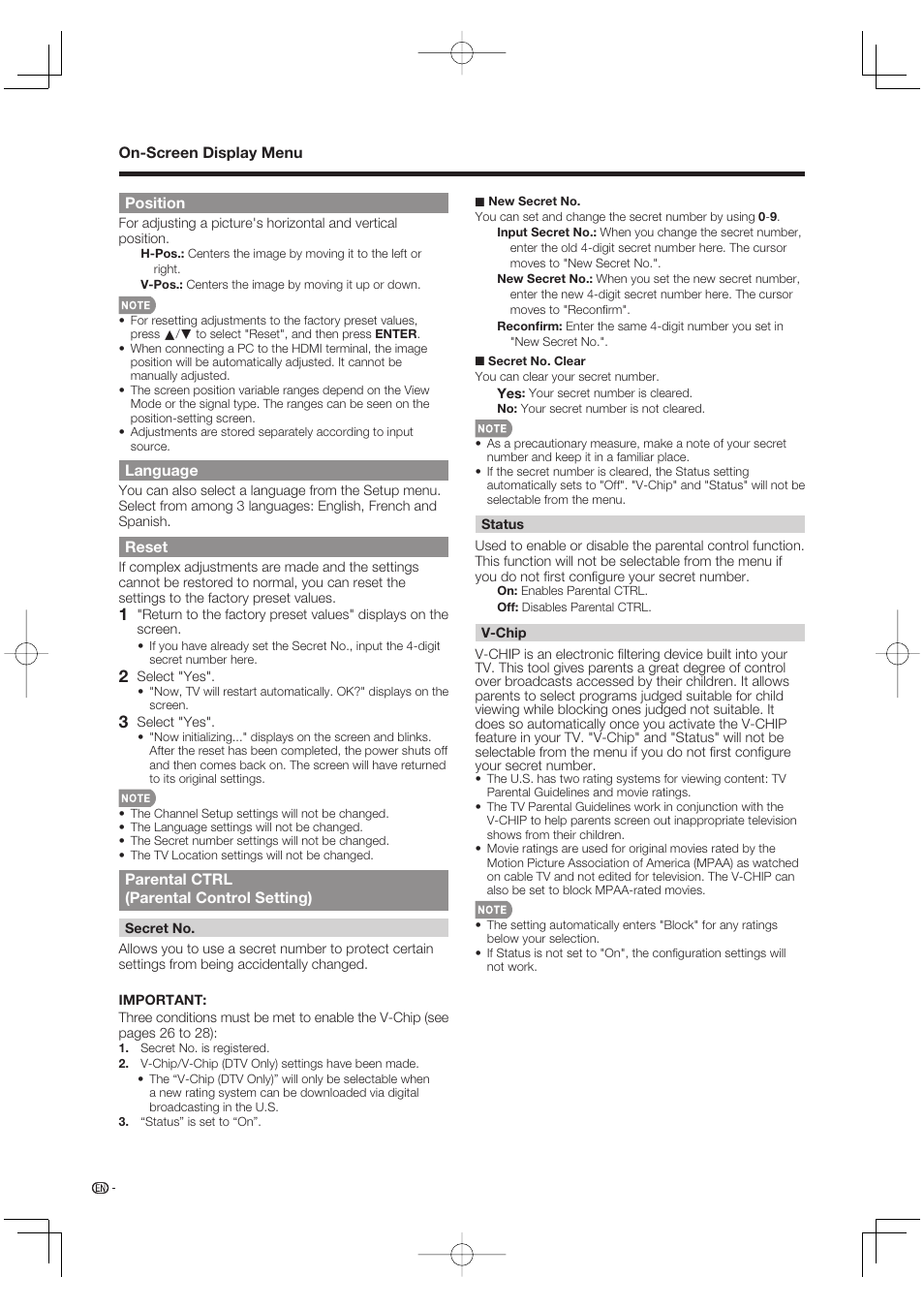 Position, Language, Reset | Parental ctrl (parental control setting) | Sharp Aquos LC 52SE94U User Manual | Page 28 / 59