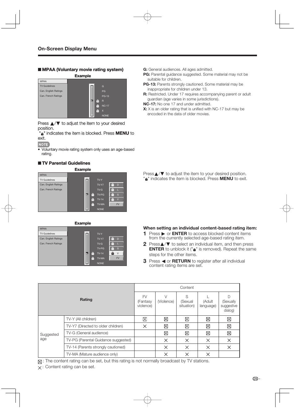 On-screen display menu, Mpaa (voluntary movie rating system), Tv parental guidelines | Sharp Aquos LC 52SE94U User Manual | Page 29 / 59