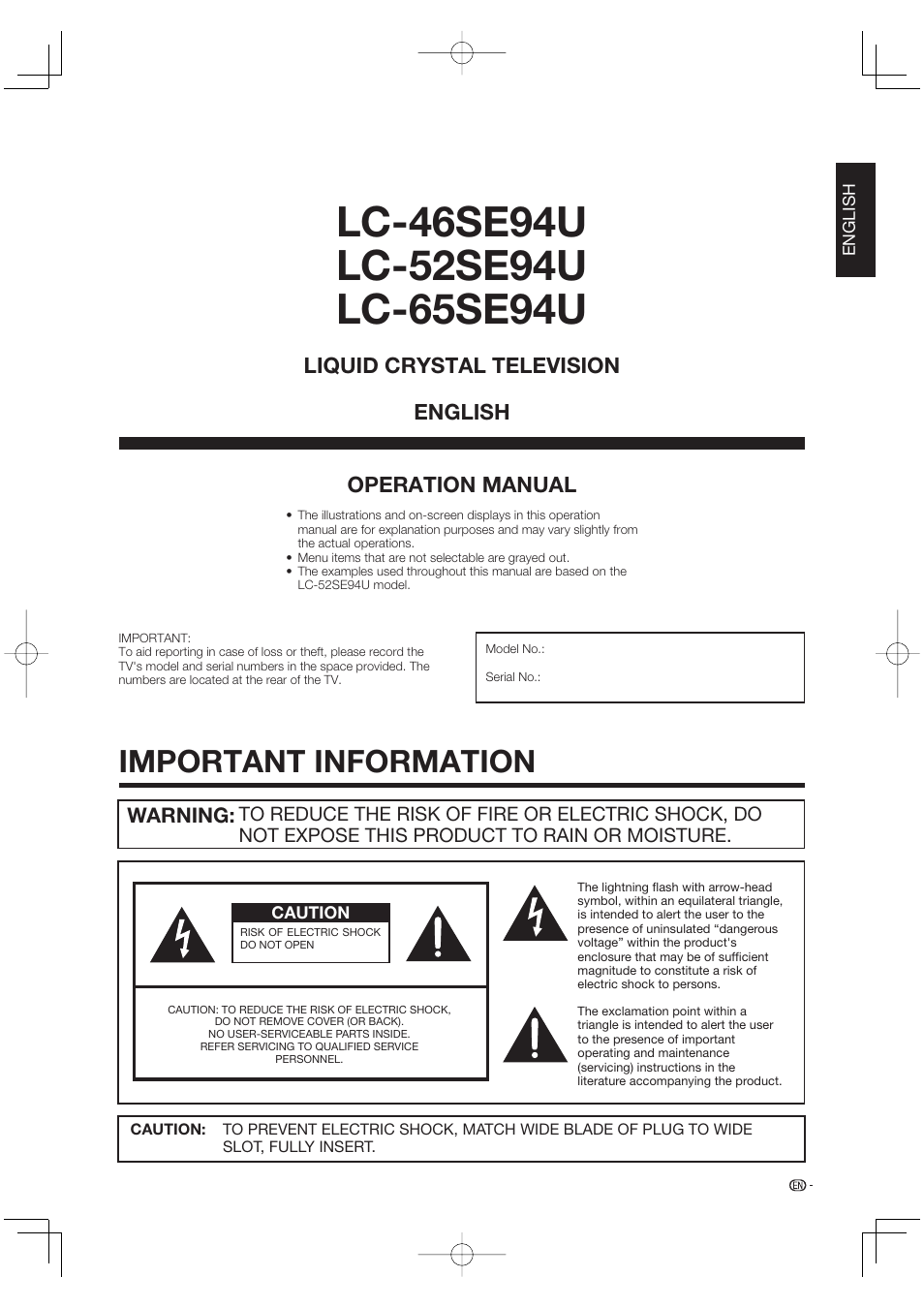 Important information, Operation manual, Liquid crystal television english | Warning | Sharp Aquos LC 52SE94U User Manual | Page 3 / 59