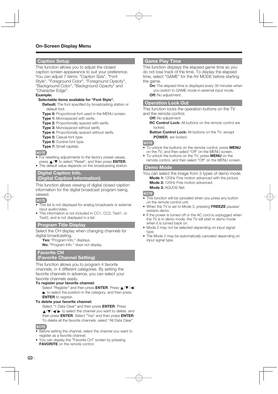 Caption setup, Program title display, Favorite ch (favorite channel setting) | Game play time, Operation lock out, Demo mode | Sharp Aquos LC 52SE94U User Manual | Page 32 / 59