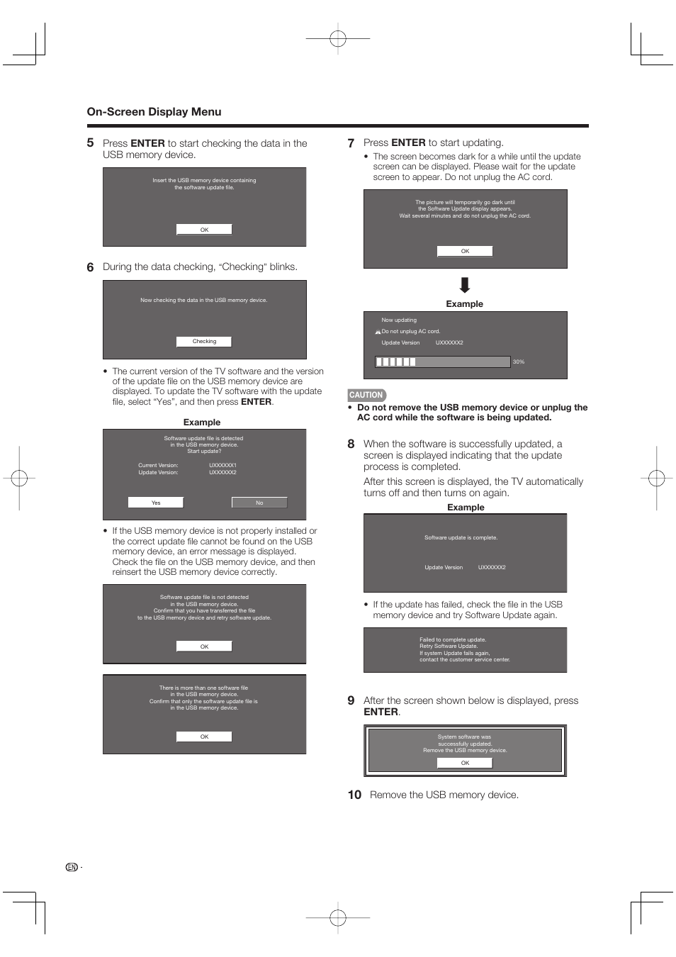 On-screen display menu, During the data checking, Checking | Blinks, Press enter to start updating | Sharp Aquos LC 52SE94U User Manual | Page 34 / 59