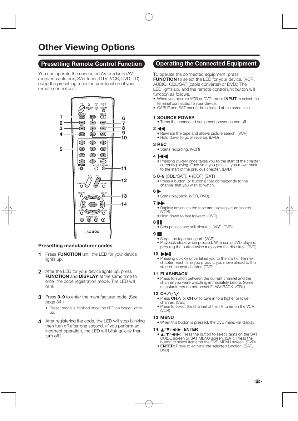 Other viewing options, Presetting remote control function, Operating the connected equipment | Sharp Aquos LC 52SE94U User Manual | Page 35 / 59