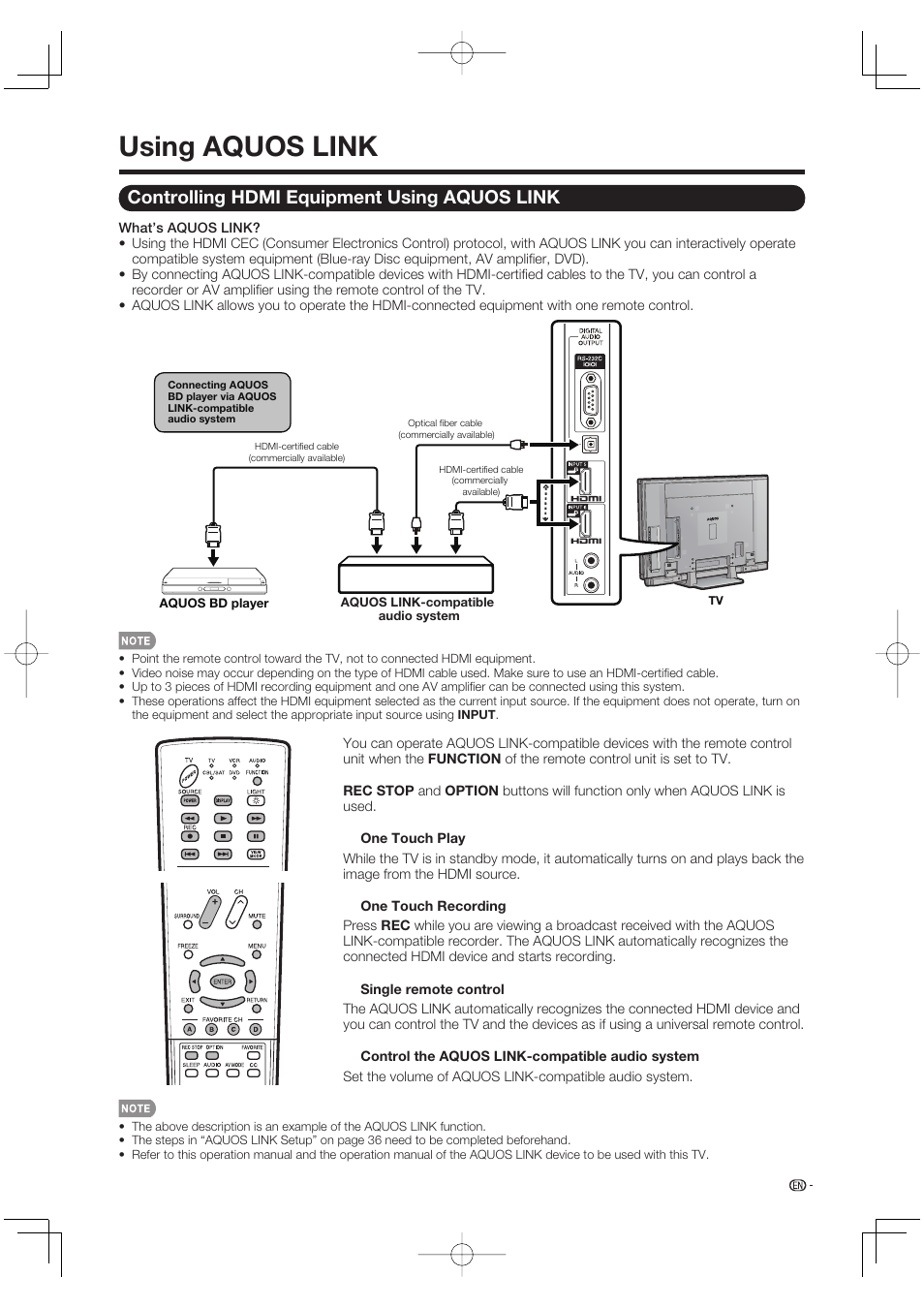 Using aquos link, Controlling hdmi equipment using aquos link | Sharp Aquos LC 52SE94U User Manual | Page 37 / 59