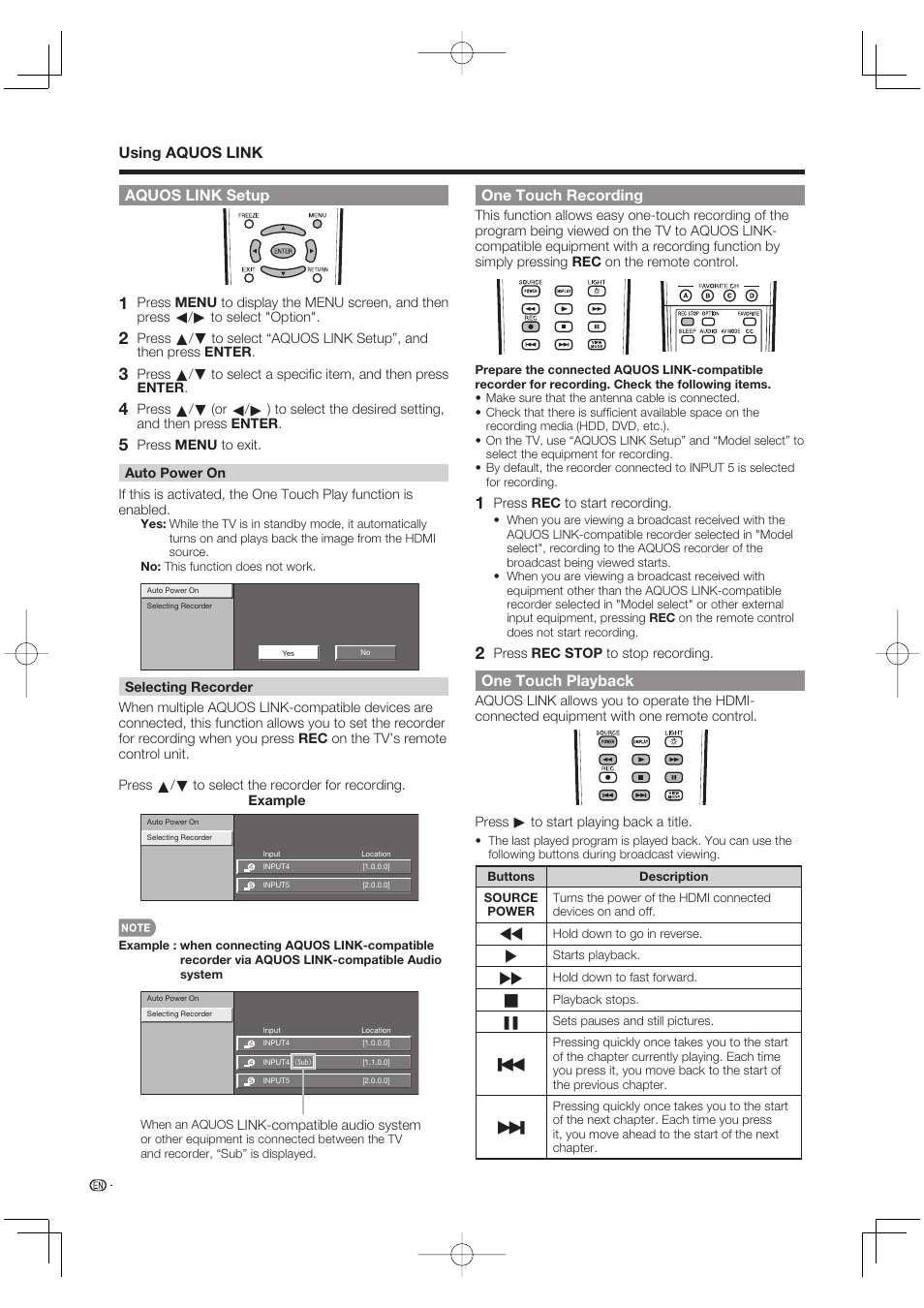 Aquos link setup, One touch recording, One touch playback | Using aquos link one touch recording | Sharp Aquos LC 52SE94U User Manual | Page 38 / 59