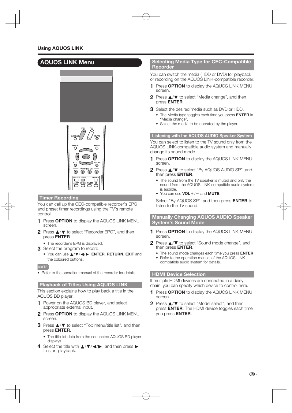 Aquos link menu, Timer recording, Playback of titles using aquos link | Selecting media type for cec-compatible recorder, Listening with the aquos audio speaker system, Hdmi device selection | Sharp Aquos LC 52SE94U User Manual | Page 39 / 59