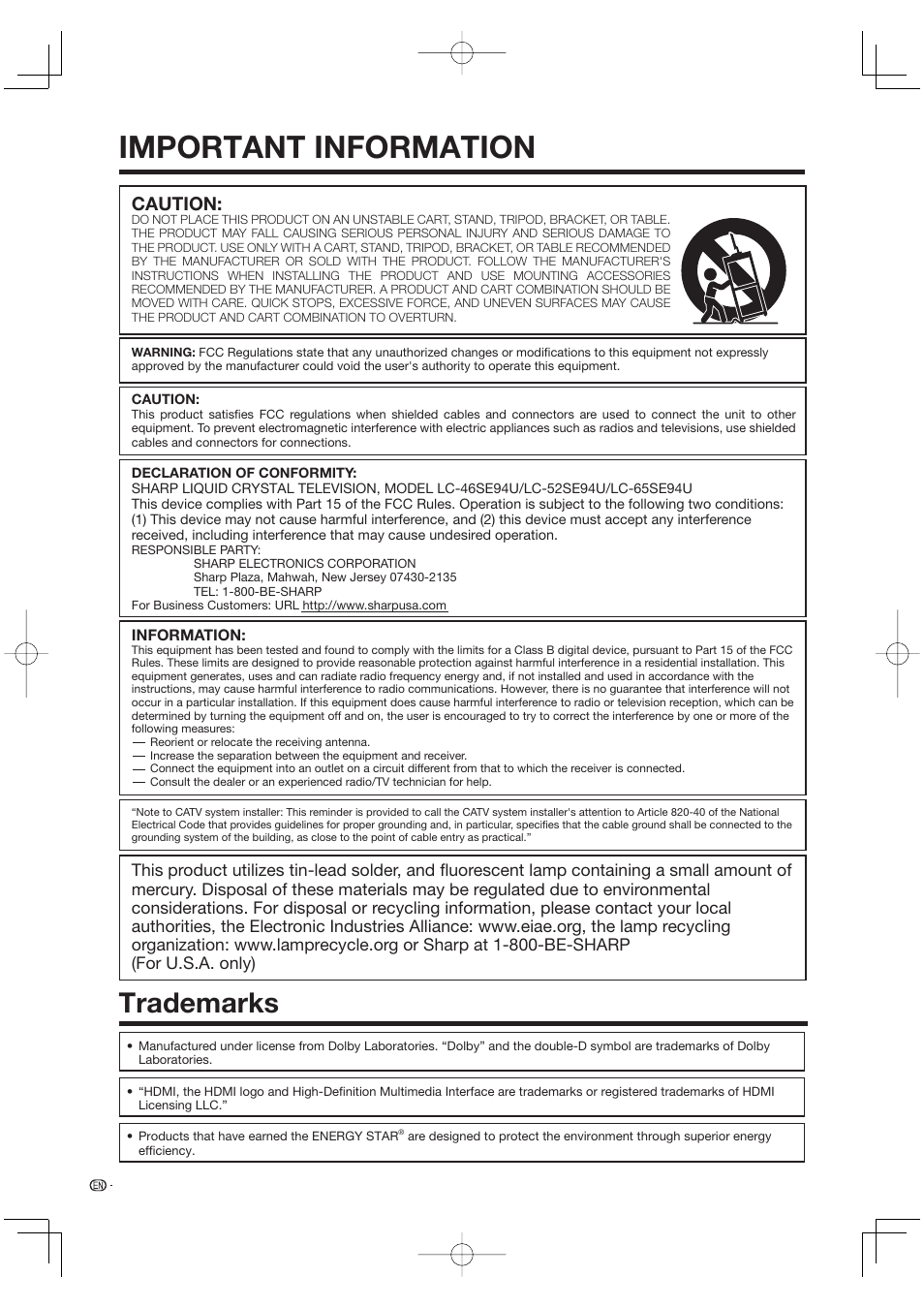Trademarks, Important information, Caution | Sharp Aquos LC 52SE94U User Manual | Page 4 / 59