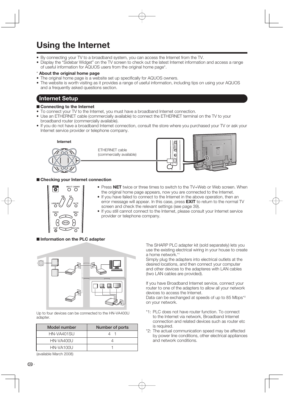 Using the internet, Internet setup | Sharp Aquos LC 52SE94U User Manual | Page 40 / 59