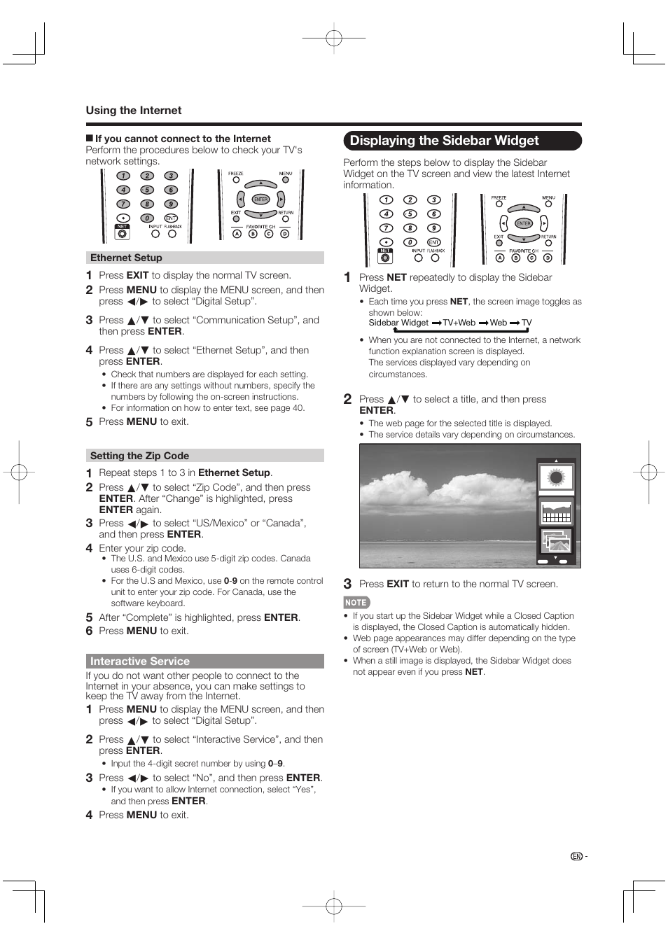 Interactive service, Displaying the sidebar widget, Feat ured content | Sharp Aquos LC 52SE94U User Manual | Page 41 / 59
