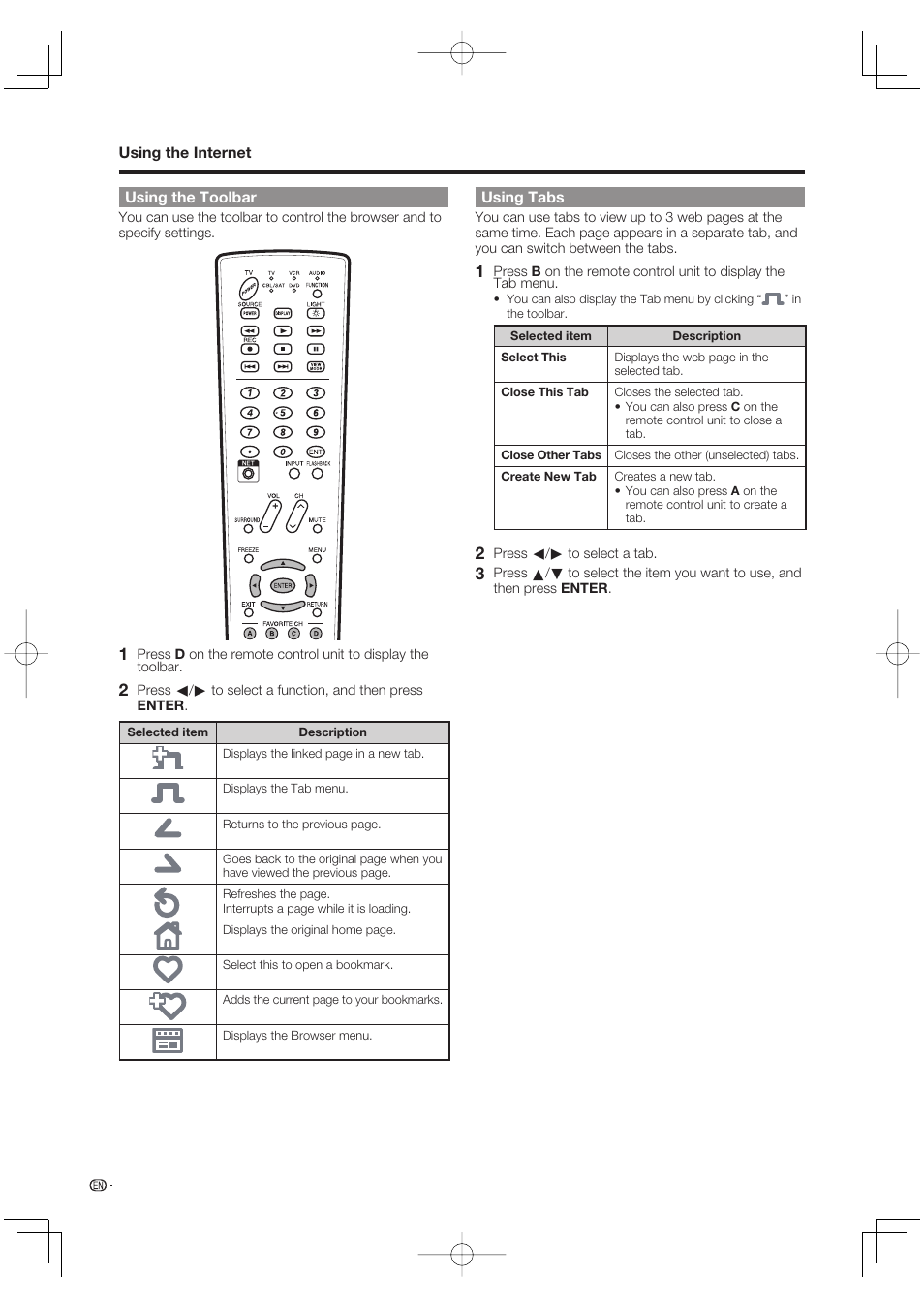 Using the toolbar, Using tabs | Sharp Aquos LC 52SE94U User Manual | Page 44 / 59