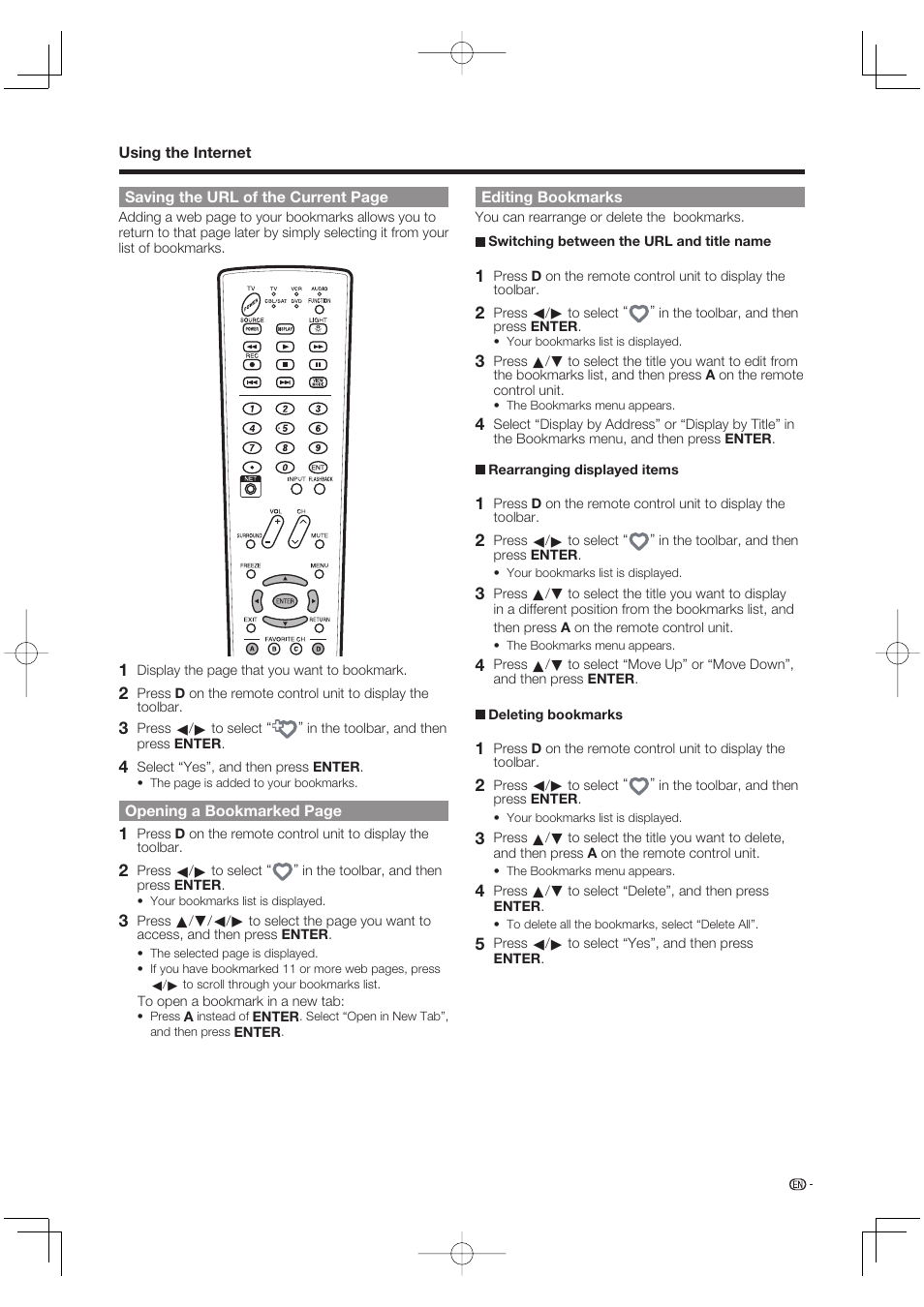 Editing bookmarks | Sharp Aquos LC 52SE94U User Manual | Page 45 / 59