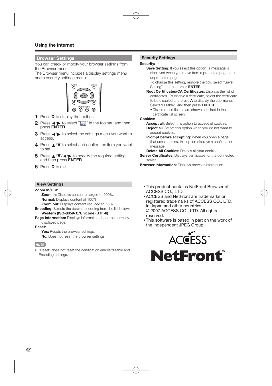 Browser settings | Sharp Aquos LC 52SE94U User Manual | Page 46 / 59
